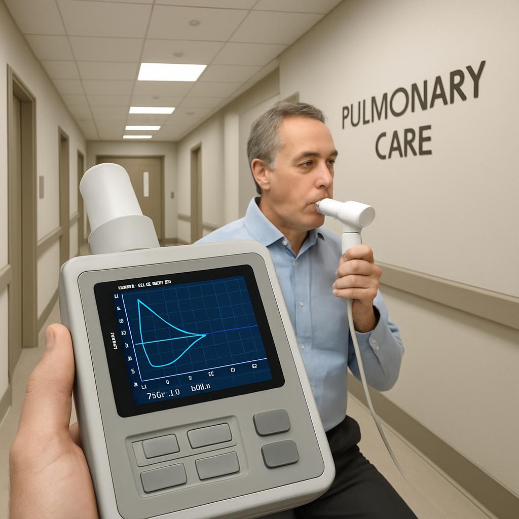 An older man in a hospital hallway having his lung function tested using an electronic spirometer, a machine used to quant...