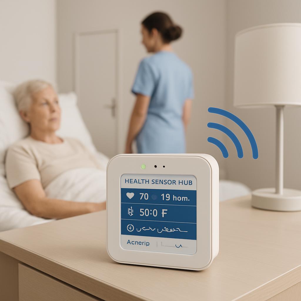 Health Sensor Hub, Person in Bed, Person in Blue Medical Gown, White Lamp on Table: Image of a health sensor hub with a he...
