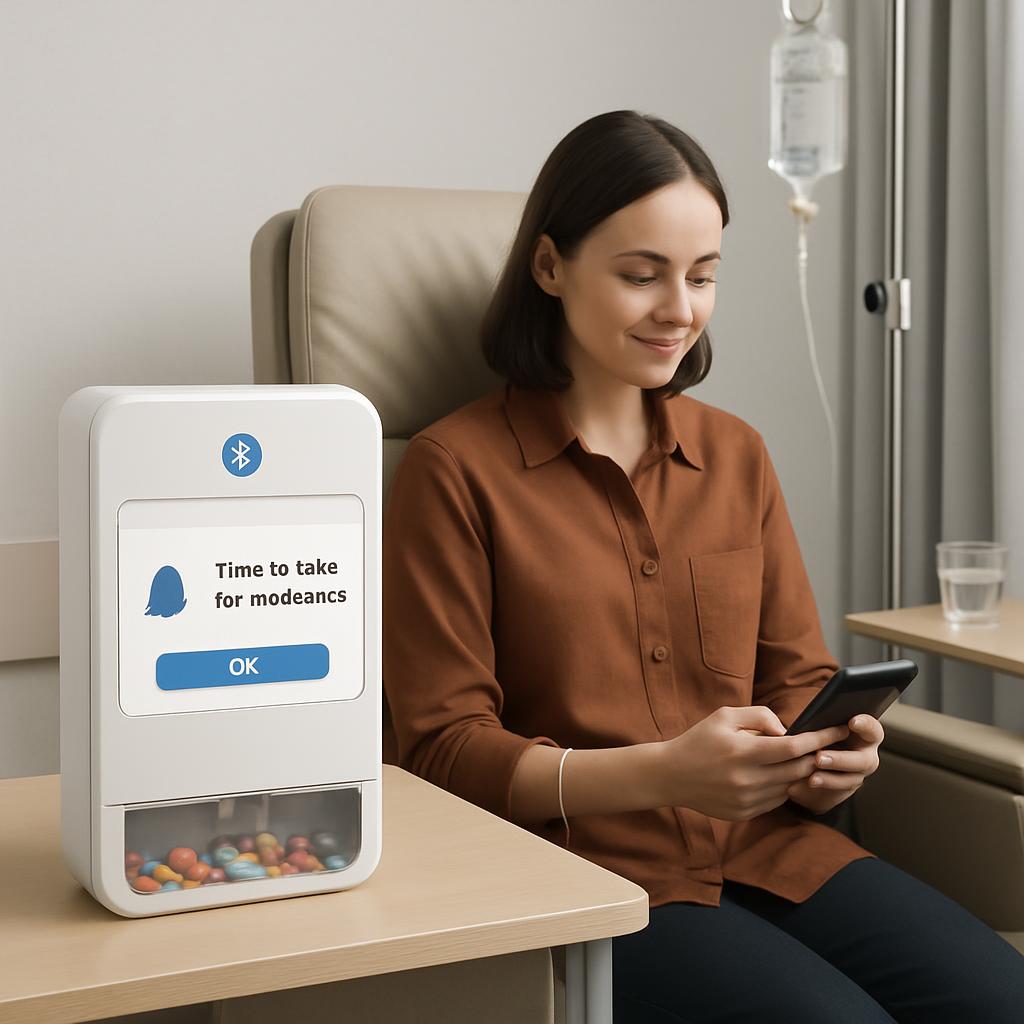 A hospital setting with a patient sitting on a couch next to a large white machine equipped with a touchscreen display and...