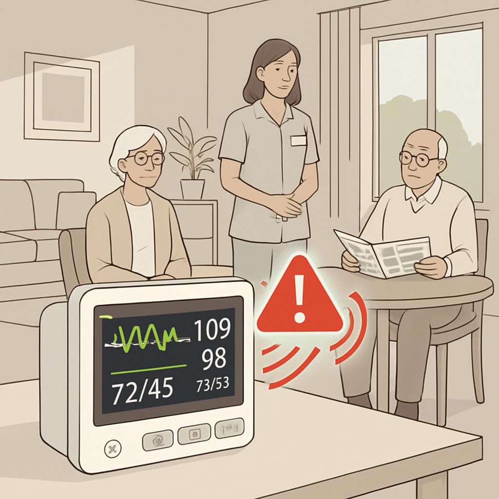 A scene of an elderly man and woman sitting with a medical device for monitoring their health and a warning sign indicatin...