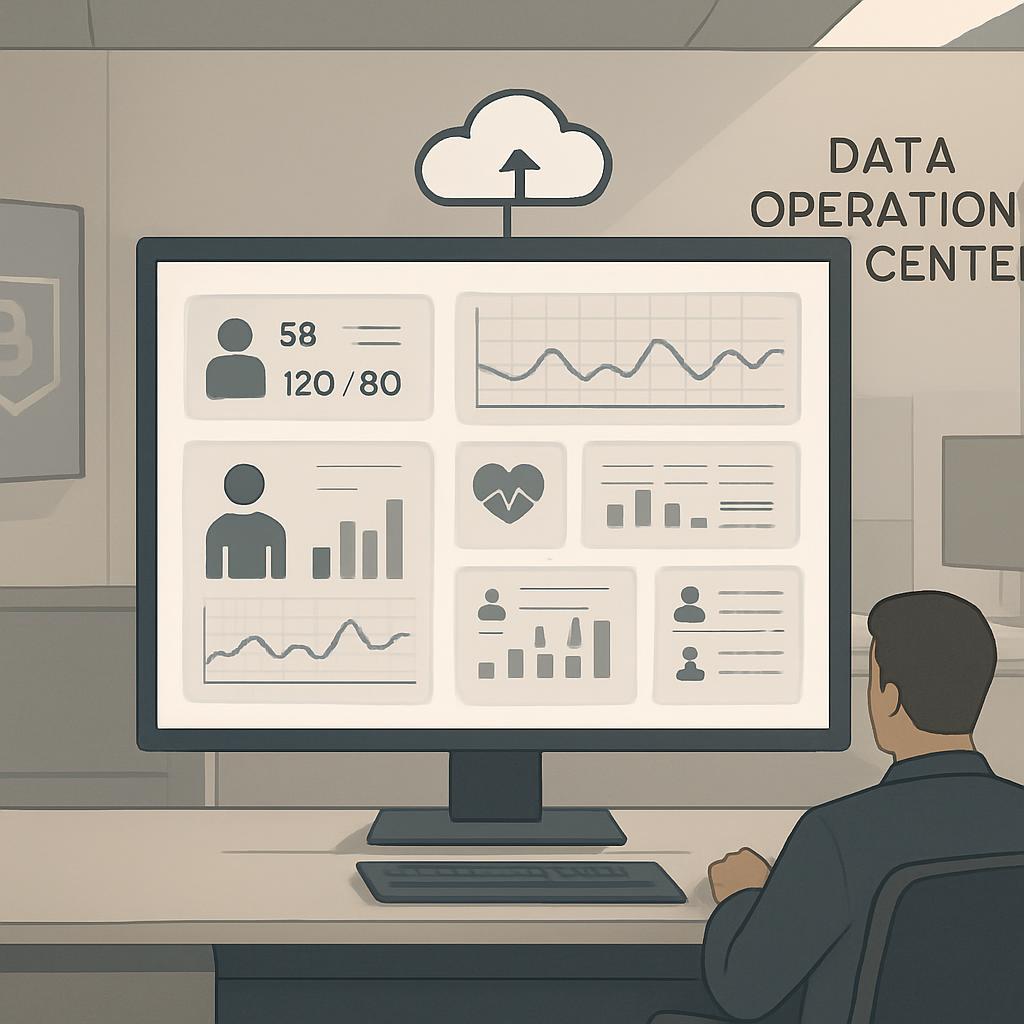 Man seated at workstation with data visualization on the monitor and cloud icon in the upper center, within an office envi...