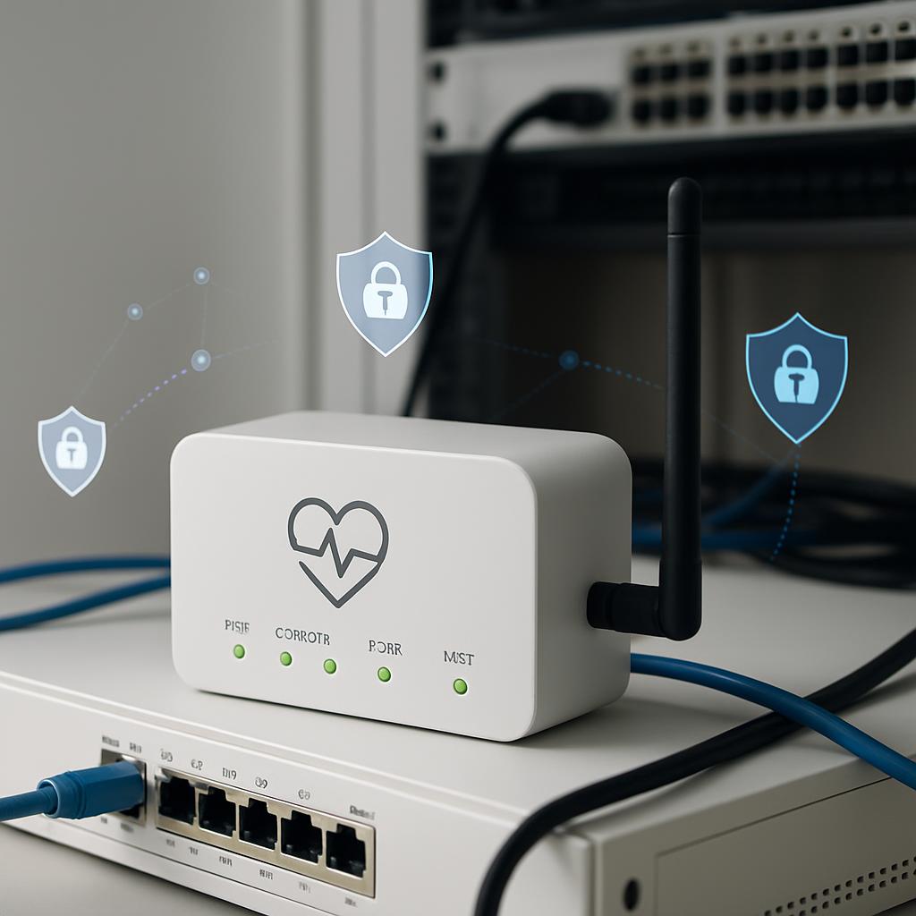 A photo of a white Wi-Fi router with a black antenna and a blue cord being plugged in, accompanied by five graphics repres...